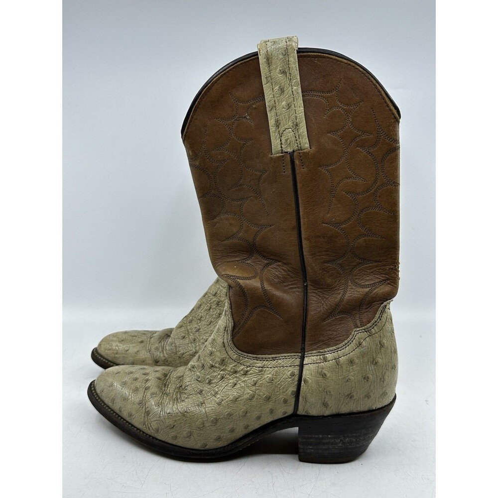 Vintage Frye Ostrich Leather Cowboy Boots Men's Sz 9.5 B Brown White Label USA